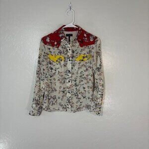 Rag & Bone Shirt Womens XXS Silk Floral Western Snap Red Yellow Embroidered Top